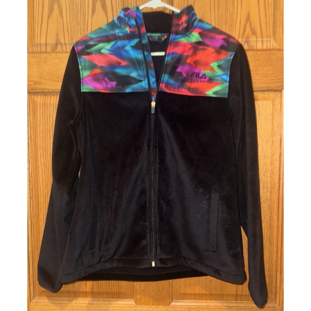 FILA 90’s Fleece Velvety Jacket Med Black Aztec Teal Orange Full Zip Athletic